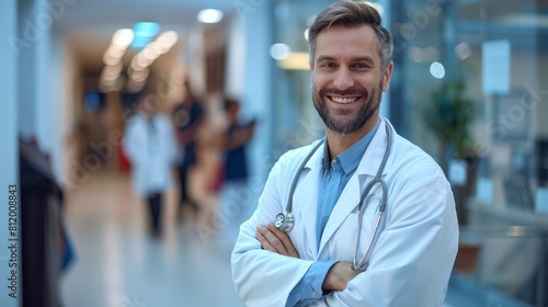 Smiling doctor standing in hospital with stethoscope