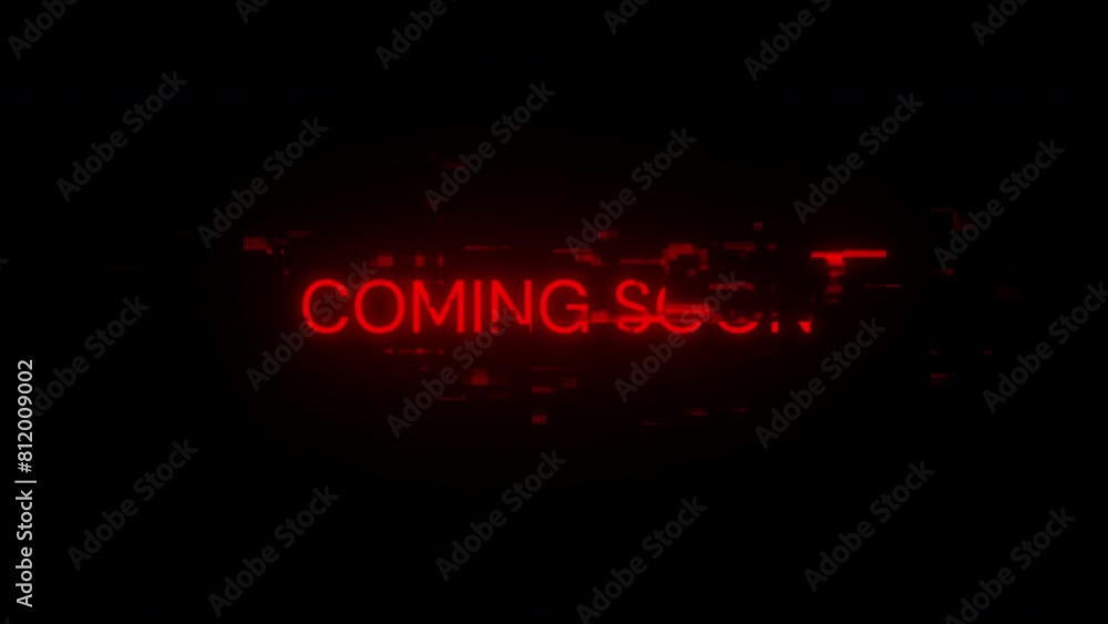 Coming soon text with screen effects of technological failures. Spectacular screen glitch with various kinds of interference. Looped