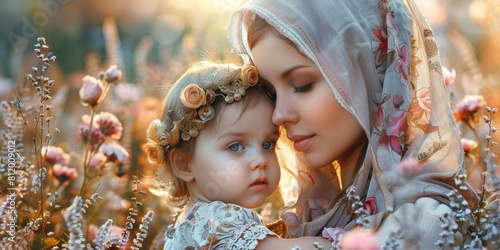 Mother and child in a field of flowers