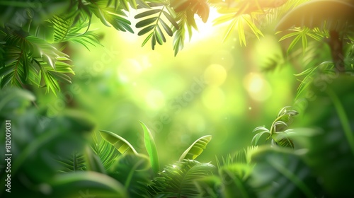 Illustration of a lush green jungle wallpaper, Illustration of green jungle leaves and a green blurry bokeh background, Exotic green leaves, AI generated