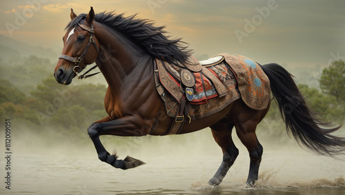 A brown horse with a black mane and tail is running in a field.