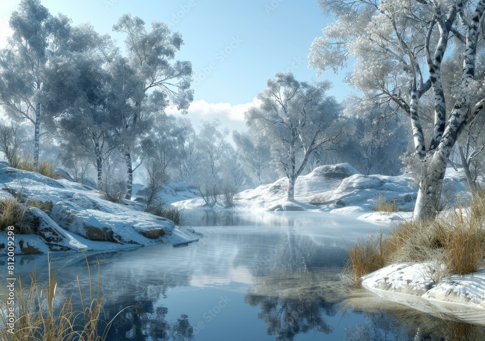 A frozen river in a snowy forest A frozen river in a snowy forest