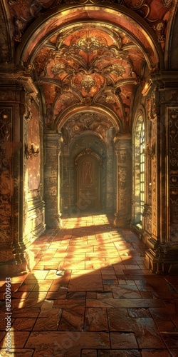 ornate hallway with sunlight shining through the windows