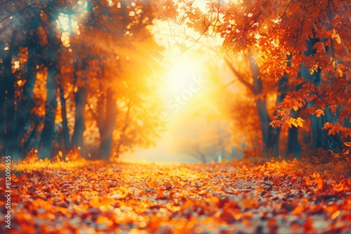 Autumn forest path. Orange color tree  red brown maple leaves in fall city park. Nature scene in sunset fog Wood in scenic scenery Bright light sun Sunrise of a sunny day - generative ai