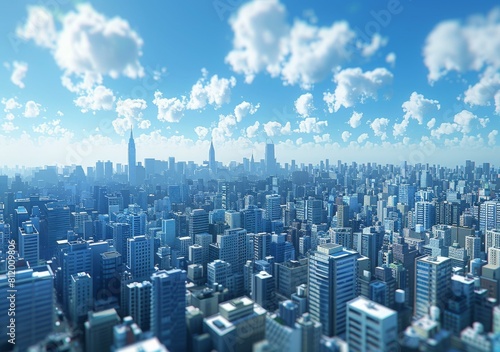 Blue cityscape with skyscrapers and clouds