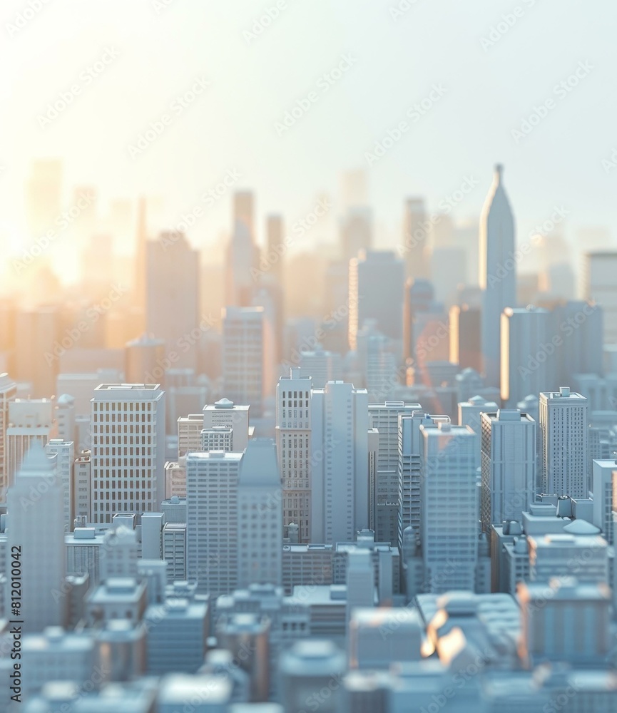 A 3D rendering of a city with skyscrapers and sunlight