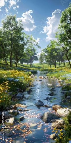 Small river flowing through a beautiful green field