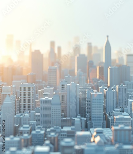 A 3D rendering of a city with skyscrapers and sunlight