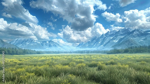 Tranquil mountain meadow landscape with green grass field and blue sky