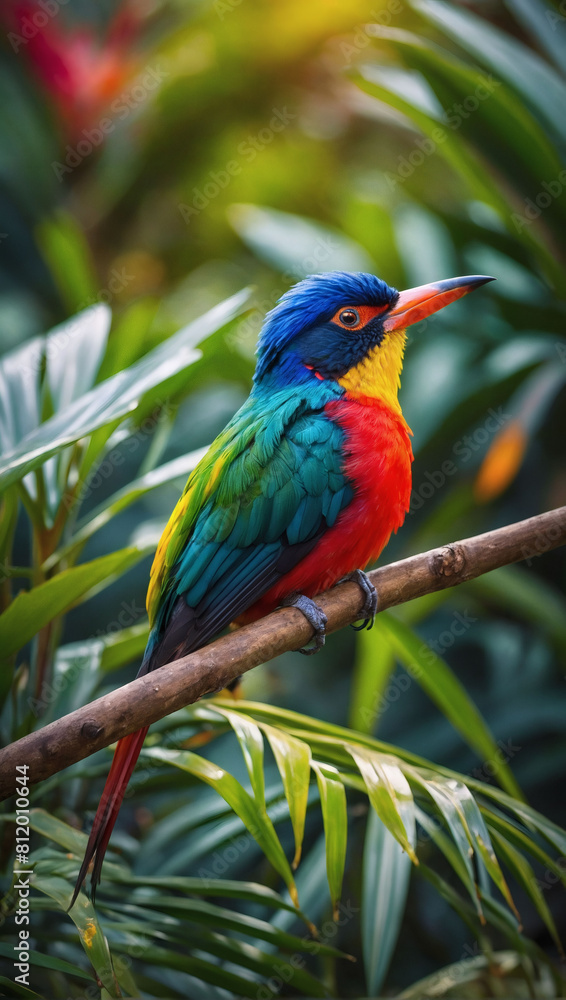 Tropical Delight, Bright Exotic Bird Perched in Lush Garden