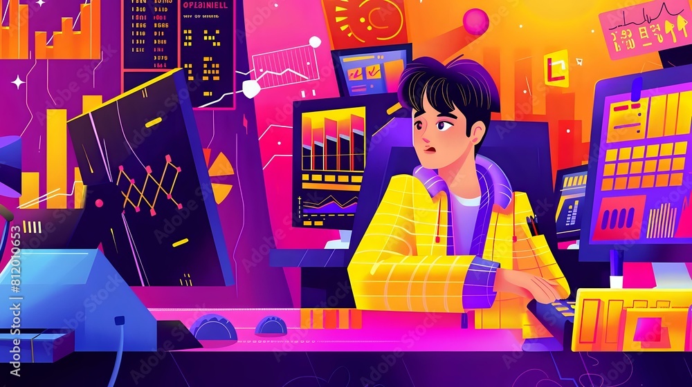 All Accounting & Finance Industry: Illustration of an Options Trader in a data-driven workspace surrounded by computer monitors All Accounting & Finance Industry: Illustration of an Options Trader in a data-driven workspace surrounded by computer monitors