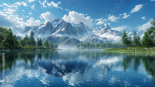 Mountains and lake landscape with trees and blue sky