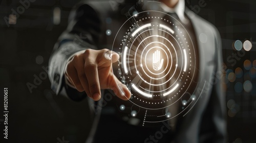 Businessman touching virtual screen with social network icons business concept customer service technology design . Business man in suit using touch interface to energetic icon Generative ai