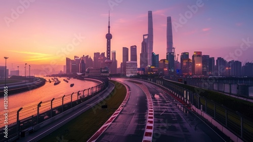 Shanghai city skyline and asphalt race track ground at sunrise,high angle view