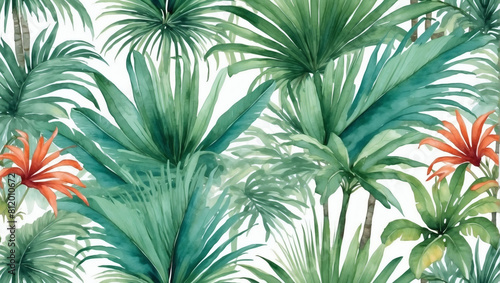 Tropical Escape, Watercolor Wallpaper Pattern of Luxuriant Vegetation and Palm Palms © xKas