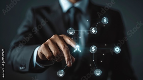 Businessman touching virtual screen with social network icons business concept customer service technology design . Business man in suit using touch interface to energetic icon Generative ai