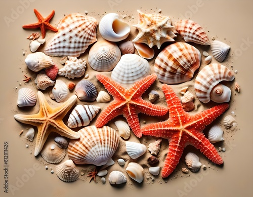 Collection of seashells, starfish, and corals on a sandy beach
