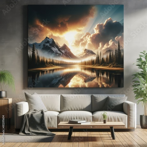 A couch and a painting on the wall image realistic lively has illustrative meaning. © john
