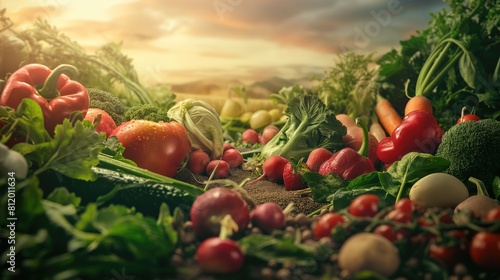fresh and natural quality of the organic produce showcased in the image, highlighted by the warm sunlight, suggesting a wholesome and nourishing selection of fruits and vegetables. photo