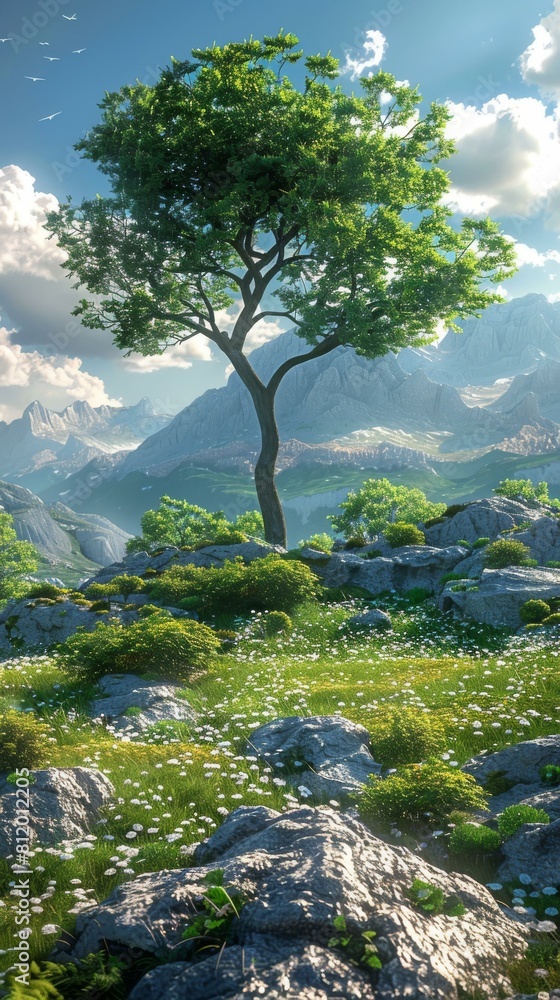 Lonely Tree on Rocky Hillside Overlooking Mountain Valley