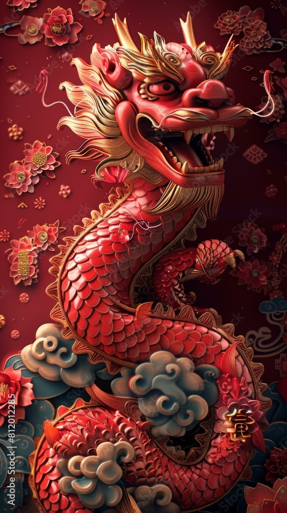 A red and gold colored dragon with intricate details and patterns. A red and gold colored dragon with intricate details and patterns.