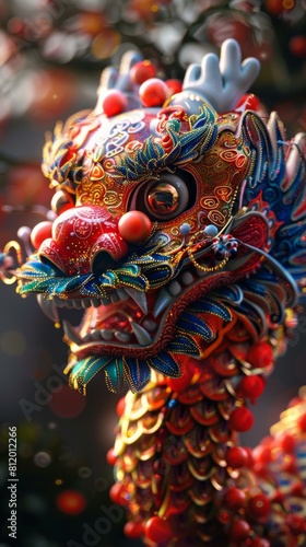 A close-up of a colorful and intricately designed Chinese dragon mask with red, blue, and green scales and a large eye