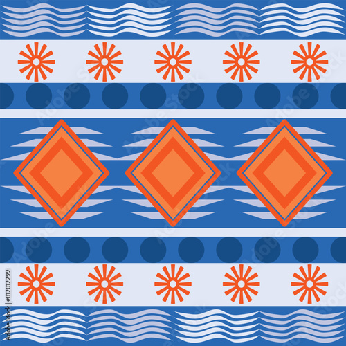 Blue and orange Textile fabric pattern geometric seamless. 
Simple graphic design