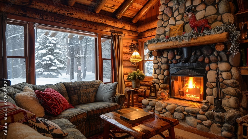 Explore the cozy charm of a rustic mountain cabin, with a crackling ...