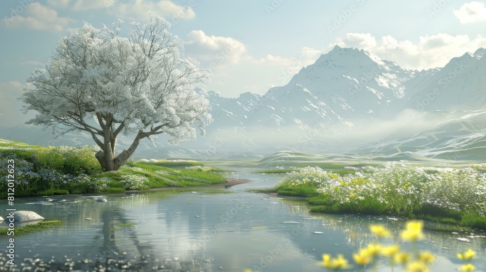 A beautiful winter landscape with a snow-covered tree and mountains in the distance A beautiful winter landscape with a snow-covered tree and mountains in the distance