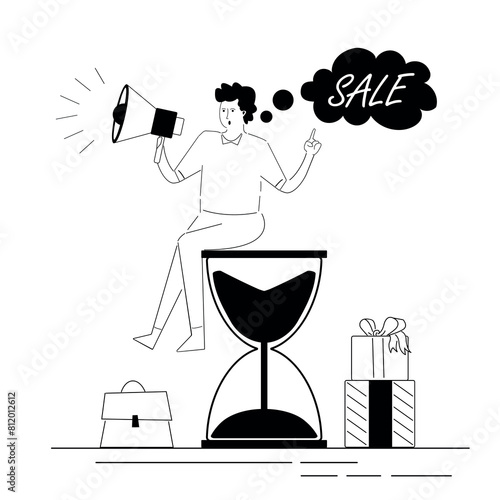 Seller man sitting on sandglass and uses loudspeaker to announce  Limited time offer or sales, hottest discounts design with hourglass.