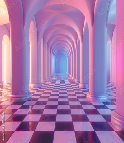 Pink and blue pastel checkerboard floor hallway