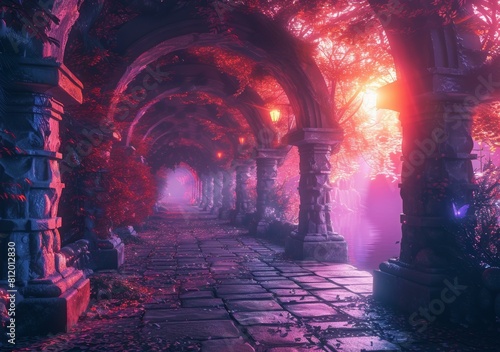fantasy landscape with stone archway and glowing pink trees