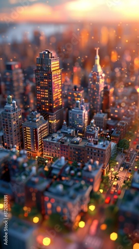 A miniature model of a city with skyscrapers and a beautiful sunset in the background © Adobe Contributor
