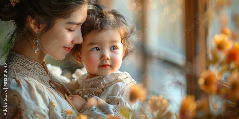 Fototapeta premium A mother and her child are looking out the window.