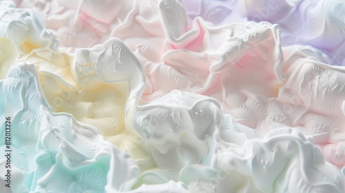 Fluffy marshmallows in pastel colors, soft texture visible on white