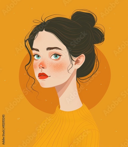 portrait of a girl with brown hair and green eyes wearing a yellow sweater