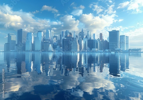 futuristic city with skyscrapers reflecting in the water