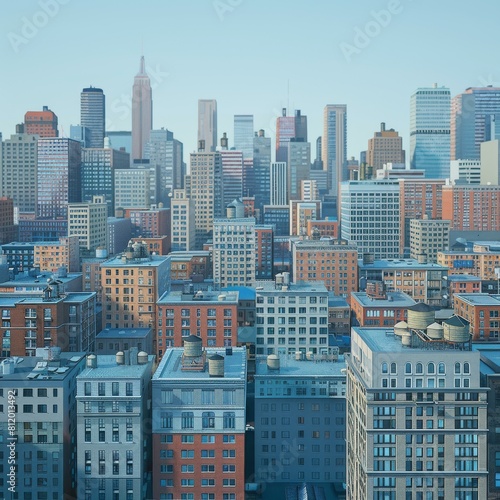 A cityscape of tall buildings with a blue sky
