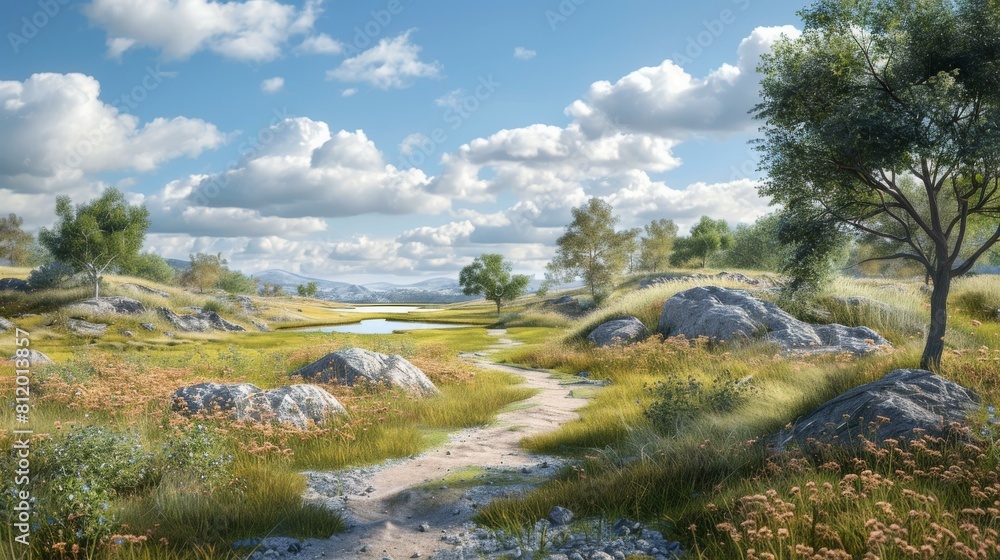 Rocky valley with a small pond and a tree Rocky valley with a small pond and a tree