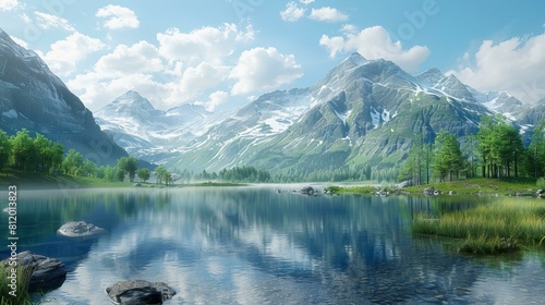 The crystal-clear mountain lake reflects the snow-capped peaks of the Swiss Alps