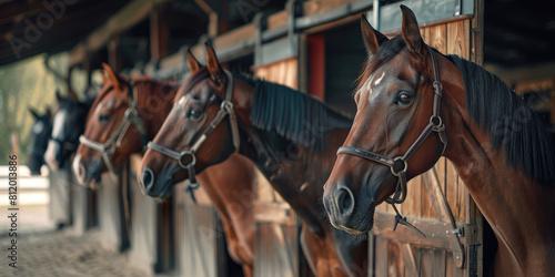 Beautiful horses in a stall in a row, horse corral on a sunny day.