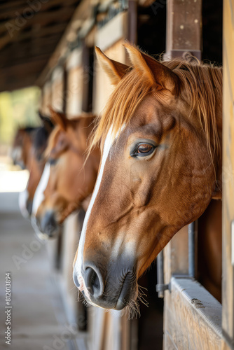 Beautiful horses in a stall in a row, horse corral on a sunny day. © SnowElf