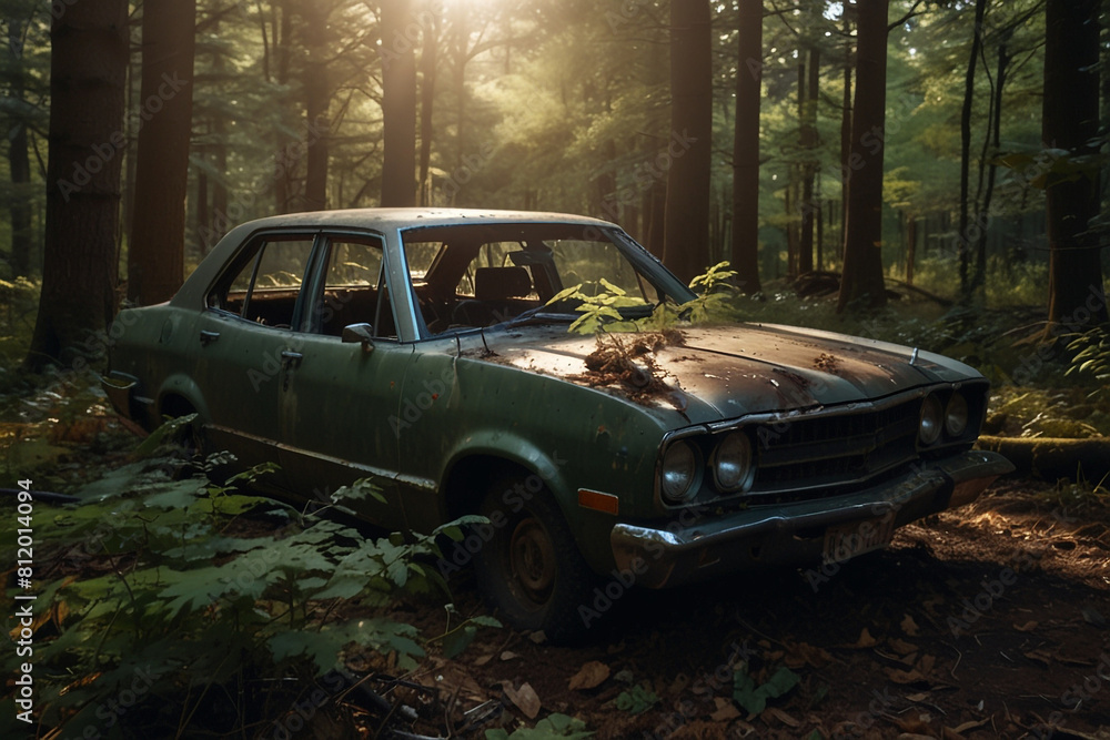 A wrecked car lies abandoned in the middle of a deep Forest