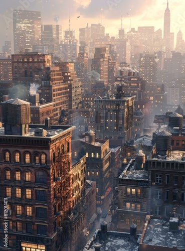 A winter cityscape with snow on the rooftops and streets