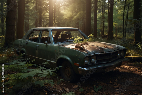 A wrecked car lies abandoned in the middle of a deep Forest