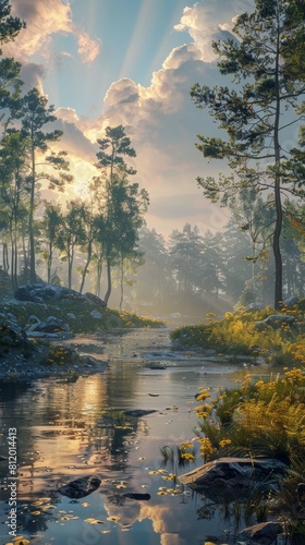 The sun shines through the forest trees and reflects off the river water