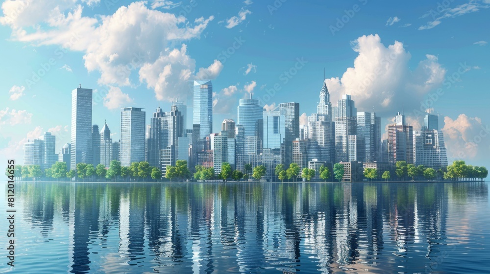 Fototapeta premium Cityscape with skyscrapers and a river in the foreground