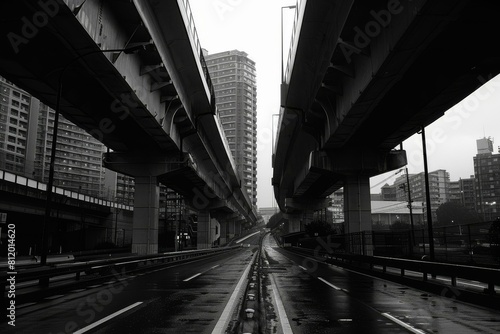 Black and white photo of empty elevated highway in urban city
