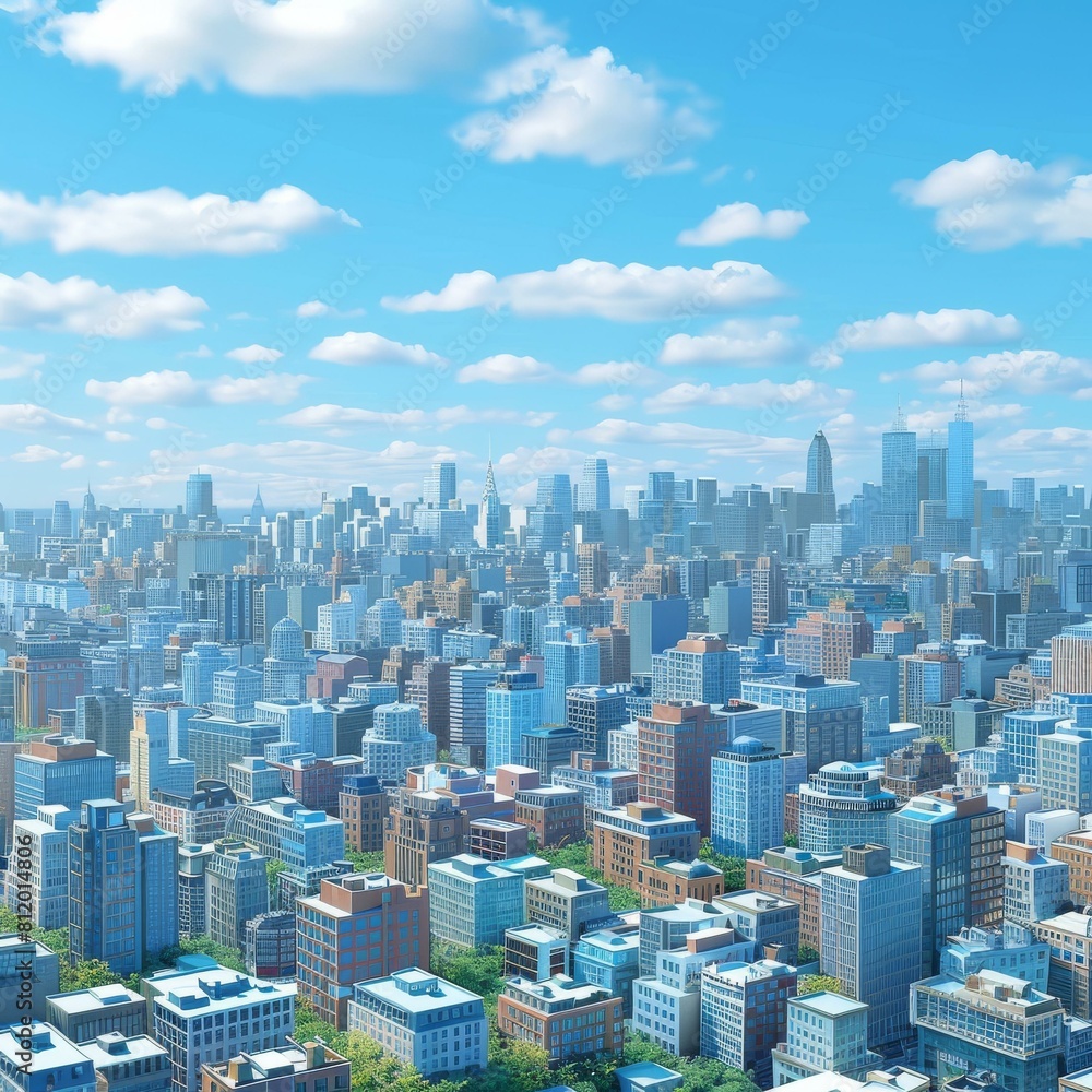 Obraz premium A cityscape with many skyscrapers and a blue sky