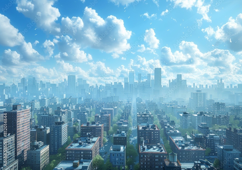 A cityscape with tall buildings and a blue sky